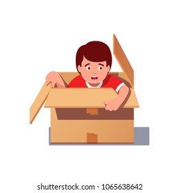 Kid hiding in a cardboard box. Boy is afraid of being find playing hide and seek. Flat style isolated vector illustration