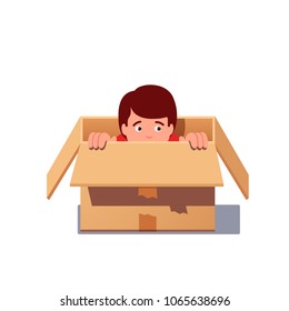 Kid hiding in a cardboard box. Boy 3is afraid of being find playing hide and seek. Flat style isolated vector illustration