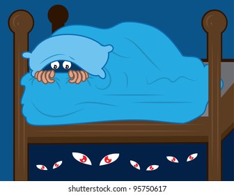 Kid Hiding In Covers From Monsters Under The Bed. Kid Hiding In Covers From Monsters Under The Bed.