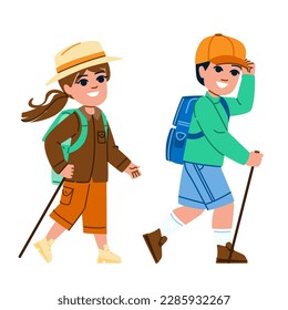 kid hiking vector. nature forest, family adventure, summer boy, mountain outdoor, travel camp kid hiking character. people flat cartoon illustration