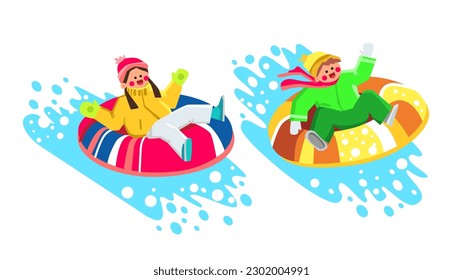 kid hill sled vector. winter fun, ge child, boy white, active childhood, cold happiness kid hill sled character. people flat cartoon illustration