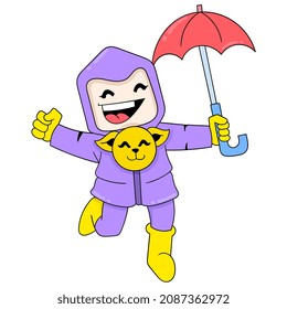 Kind mit seiner Hauskatze spielt im Regen, Vektorgrafik. doodle Ikone Bild kawaii.