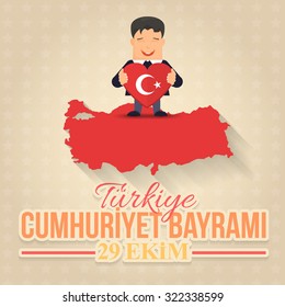 Kid Hold Heart Style Turkey Flag, Turkey Map Retro Style Celebration Card, Background, Badges - English "October 29, Turkey, Republic Day" 