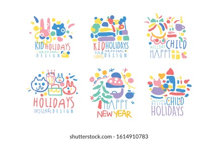 Kid Holdays Labels Original Design Collection, Happy New Year Colorful Hand Drawn Templates Vector Illustration