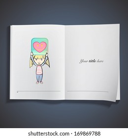 Kid holding a badge printed on book. Vector illustration. 