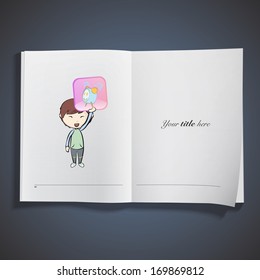 Kid holding a badge printed on book. Vector illustration. 