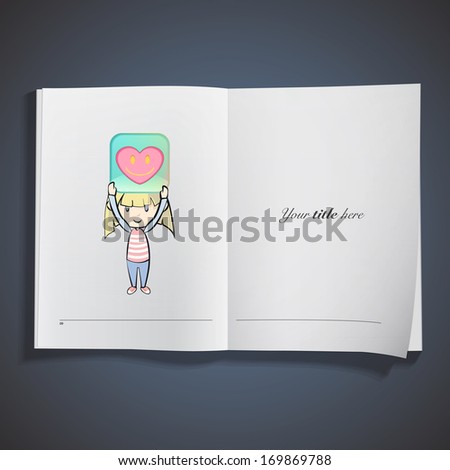 Kid holding a badge printed on book. Vector illustration. 