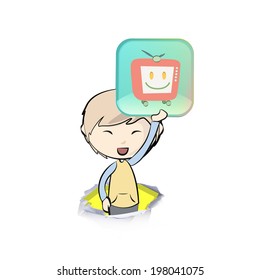Kid holding a badge. Vector design. 