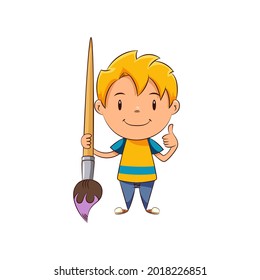 Kid holding big paintbrush, cute child thumbs up