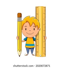 Kid holding big pencil and ruler, happy cute child school supplies