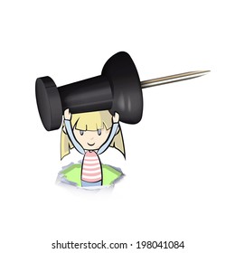 Kid holding a black pushpin. Vector design 