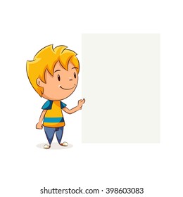 Kid holding blank note, vector illustration