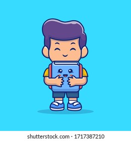 Kid Holding Book Vector Icon Illustration. Student Mascot Cartoon Character Concept Isolated Premium Vector. Flat Cartoon Style