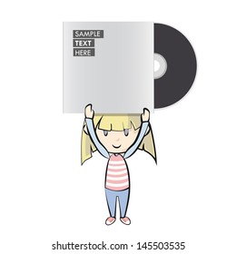 Kid holding a cd on white background. Vector design. 