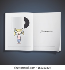 Kid holding a cd printed on book. Vector design. 