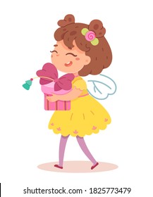 Kid holding Christmas or birthday present. Happy girl receiveing and walking with gift from parents or santa. Xmas box brings joy and happiness on holiday. Congatulation vector illustration.