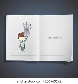 Kid holding a coffee pot printed on book. Vector design
