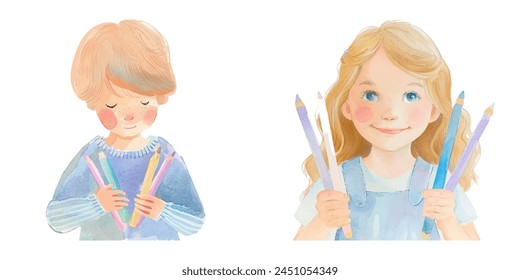 kid holding crayons watercolor vector illustration 