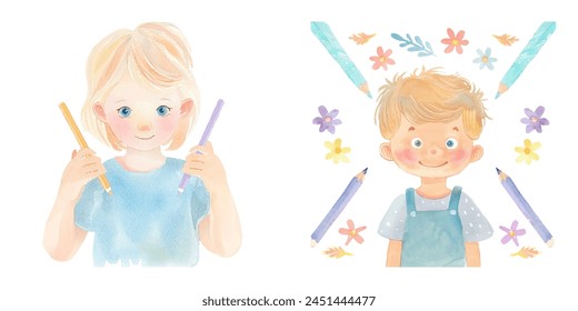 kid holding crayons watercolor vector illustration 