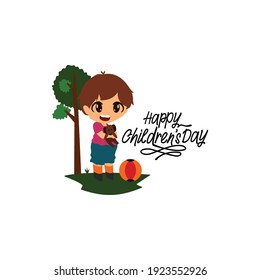 Kid Holding Dog in the park. Happy Children's Day