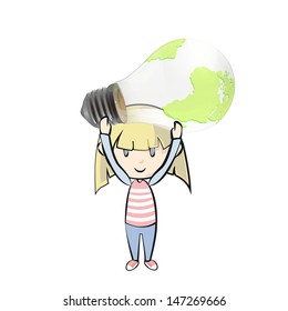Kid holding eco light bulb with world inside. Vector background illustration.