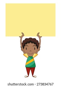 Kid Holding Empty Yellow Note, Blank Sign, Vector Illustration