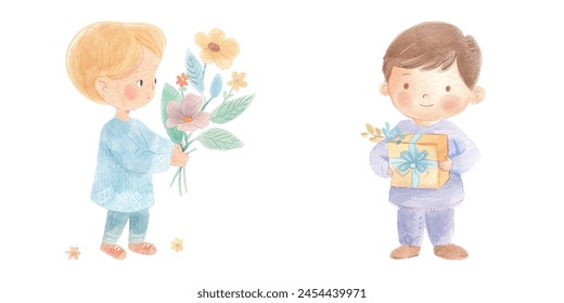 kid holding flowers watercolor vector illustration 