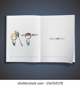 Kid holding a fork printed on book. Vector design
