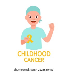 Kid Holding Gold Ribbon In Flat Design On White Background. Childhood Cancer Concept Vector Illustration.