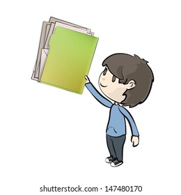 Kid holding green folder with white papers. Vector design. 