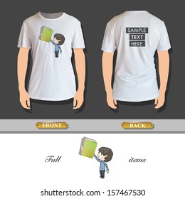 Kid holding green folder with white papers. Vector design. 