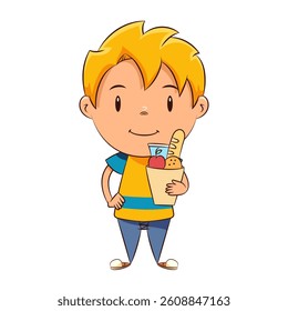 Kid holding grocery bag, happy cute child
