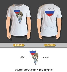 Kid holding a heart flag printed on shirt. Vector illustration. 