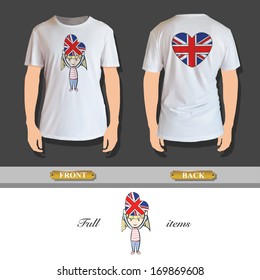 Kid holding a heart flag printed on shirt. Vector illustration. 