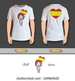 Kid holding a heart flag printed on shirt. Vector illustration. 