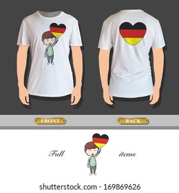 Kid holding a heart flag printed on shirt. Vector illustration. 