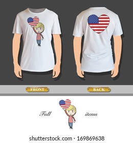 Kid holding a heart flag printed on shirt. Vector illustration. 