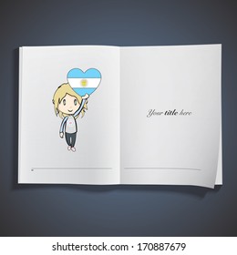 Kid holding a heart flag printed over white book. Vector design.