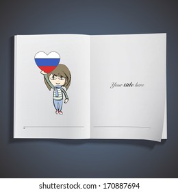 Kid holding a heart flag printed over white book. Vector design.