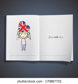 Kid holding a heart flag printed over white book. Vector design.