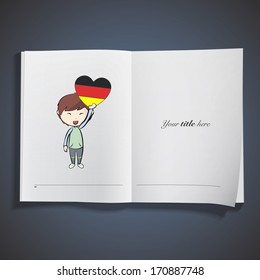 Kid holding a heart flag printed over white book. Vector design.