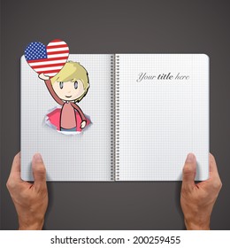 Kid holding a heart flag printed on book