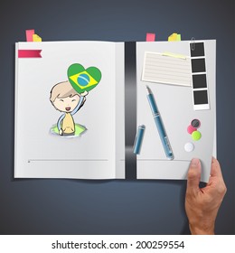 Kid holding a heart flag printed on book