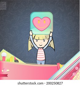 Kid holding a heart over cute decoration
