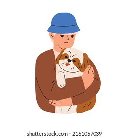 Kid holding, hugging cute dog. Child and puppy friends portrait. Boy, pet owner and home canine animal, doggy companion. Person and sweet pup. Flat vector illustration isolated on white background