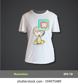 Kid holding an icon button printed on shirt