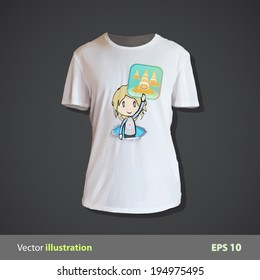 Kid holding an icon button printed on shirt