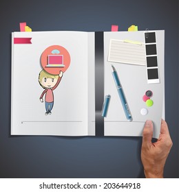 Kid holding icon web printed on book.