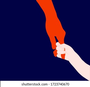 Kid is holding infected People hand (red). Use for Disease prevention (virus or bacteria) : Everybody must wash hand before touching other people. Infection spreading concept.