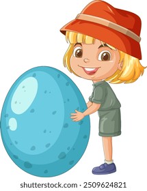 Kid holding a large blue dinosaur egg